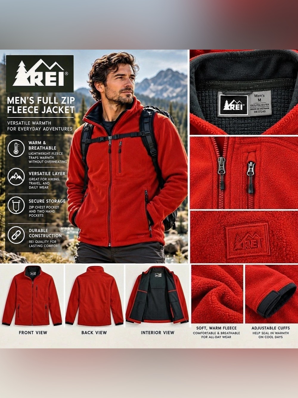 REI Co-op Trailmade Fleece Jacket Men's Red & Black Medium